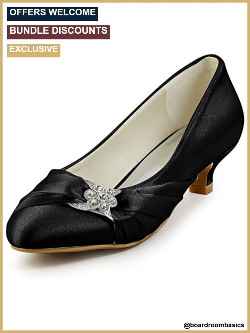 Low Heel Dress Shoes Closed Toe Satin Wedding Heels with Rhinestones Buckle 1.5